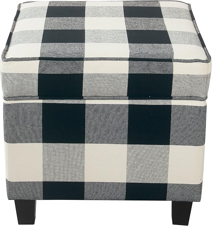 HomePop Home Decor | K7342-F2262| Classic Square Storage Ottoman with Lift Off Lid | Ottoman with Storage for Living Room & Bedroom, Black Plaid Large