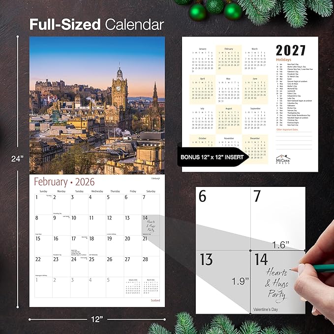 MICASA PRESS Scotland 2026 Wall Calendar 12 Month | 12" x 24" Open | Thick & Sturdy Paper | Holiday Gift | Scottish Castles Travel Calendar 2026