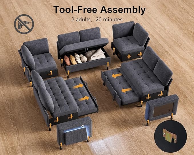 WEUP 8 Seat U Shaped Sectional Sleeper Sofa Bed with Pull Out Bed, Chenille Sectional Sleeper Couch with Adjustable Backrest, USB Ports, LED, Side Table, Tool-Free Assembly, Chenille Dark Grey