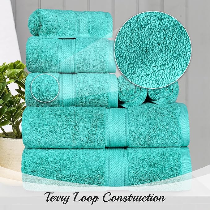 Superior Egyptian Cotton Pile Bath Towel Set of 4, Ultra Soft Luxury Towels, Thick Plush Essentials, Absorbent Heavyweight, Guest Bath, Hotel, Spa, Home Bathroom, Shower Basics, Turquoise