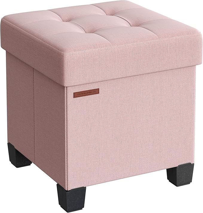 SONGMICS Storage Ottoman, Small Ottoman Foot Rest with Legs, 15 x 15 x 15.7 Inches Foot Stool, Load up to 660 lb, for Living Room, Bedroom, Dorm, Jelly Pink ULSF014P01