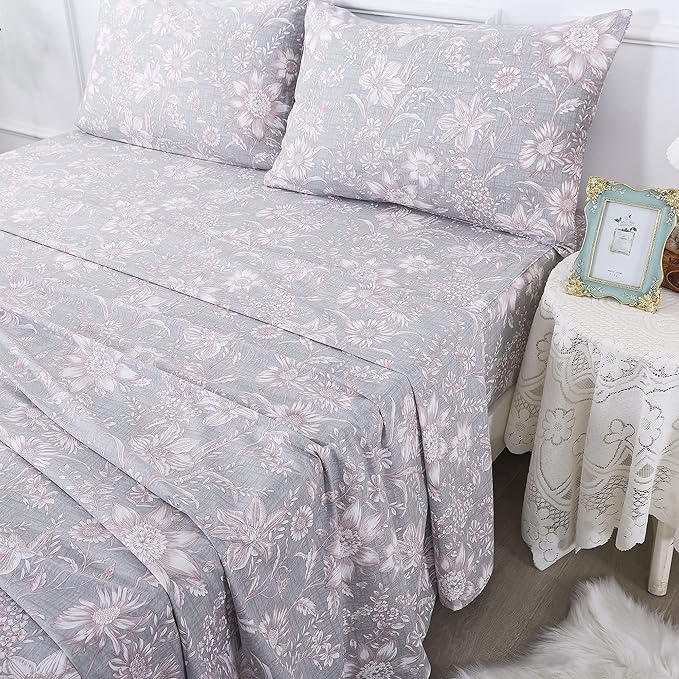 FADFAY Sheets Set King Shabby Pink and Grey Floral Bedding Vintage Sunflower 600TC Elegant Summer 100% Cotton Super Soft Hypoallergenic Deep Pocket Bed Sheets Set, 4Pcs-King Size