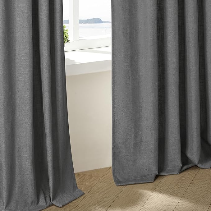 Charcoal Grey Pinch Pleated Linen Curtains 108 Inches Long for Living Room 2 Panels Set Flax Double Pleated Drapes Back Tab Farmhouse Neutral Ceiling Floor 108 Inch Window Curtains Bedroom Dark Grey