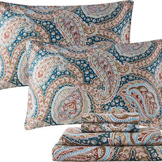 FADFAY Luxury Paisley Sheets Set Queen Classy Blue and Gold Floral Farmhouse Bedding Elegent Blue Paisley Bedding Set 100% Cotton Super Soft Hypoallergenic Deep Pocket Fitted Sheet 4Pcs, Queen Size