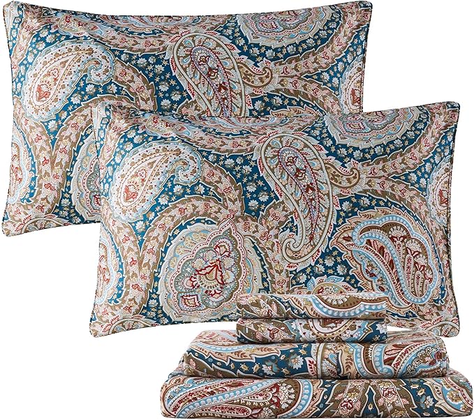 FADFAY Luxury Paisley Sheets Set King Classy Blue and Gold Floral Farmhouse Bedding Elegent Blue Paisley Bedding Set 100% Cotton Super Soft Hypoallergenic Deep Pocket Fitted Sheet 4-Pieces, King Size