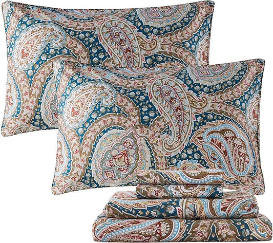 FADFAY Luxury Paisley Sheets Set Full Classy Blue and Gold Floral Farmhouse Bedding Elegent Blue Paisley Bedding Set 100% Cotton Super Soft Hypoallergenic Deep Pocket Fitted Sheet 4-Pieces, Full Size