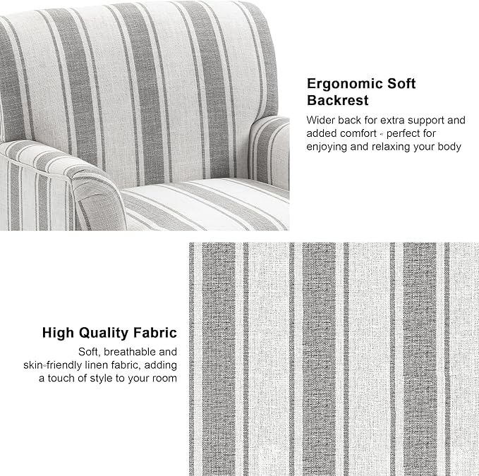 Accent Chair, Mid Century Modern Comfy Armchair for Living Room, Linen Fabric Single Sofa Lounge for Reading Bedroom Apartment Waiting Room with Wood Legs (Grey Stripe, Set of 1)