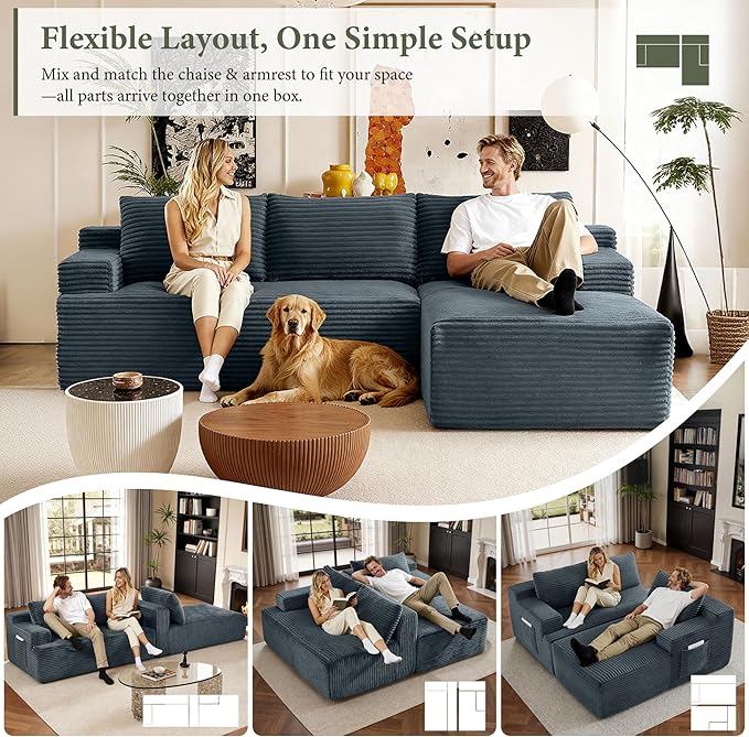 96''Sectional Couches for Living Room Modern Modular Sectional Sofa Upholstered Boneless Couch Comfy Cloud Couch with Chaise (Dark Grey, 96''W Right Facing Chaise)