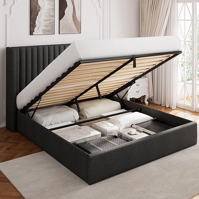 Queen Size Lift Up Storage Bed, Upholstered Platform Bed Frame with Wingback Headboard, Hydraulic System, Solid Wooden Slats Support, Noise-Free, Easy Assembly, No Box Spring Needed, Dark Grey
