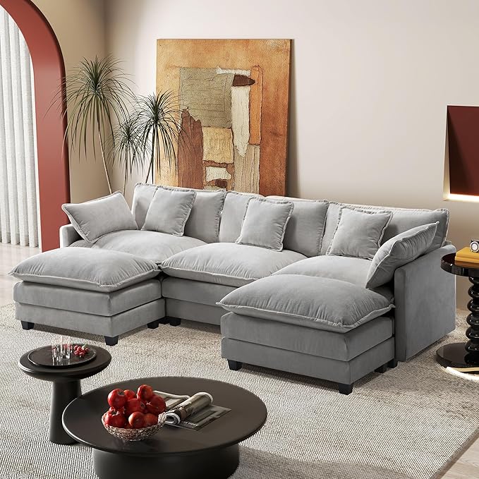 113.4" Modular Sectional Sofa,U Shaped Couch for Living Room,Modern Deep Seat Sofa 3 Seater Chenille Fabric Comfy Cloud Couches with Throw Pillows & Movable Ottoman
