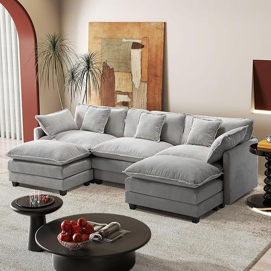 113.4" Modular Sectional Sofa,U Shaped Couch for Living Room,Modern Deep Seat Sofa 3 Seater Chenille Fabric Comfy Cloud Couches with Throw Pillows & Movable Ottoman