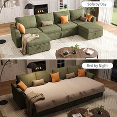 GarveeHome Sectional Sleeper Sofa with Pull Out Bed, Corduroy Modular Sectional 6 Seat Couch with Pull Out Couch and Storage Seat & 2 Ottomans, Convertible Couches for Living Room