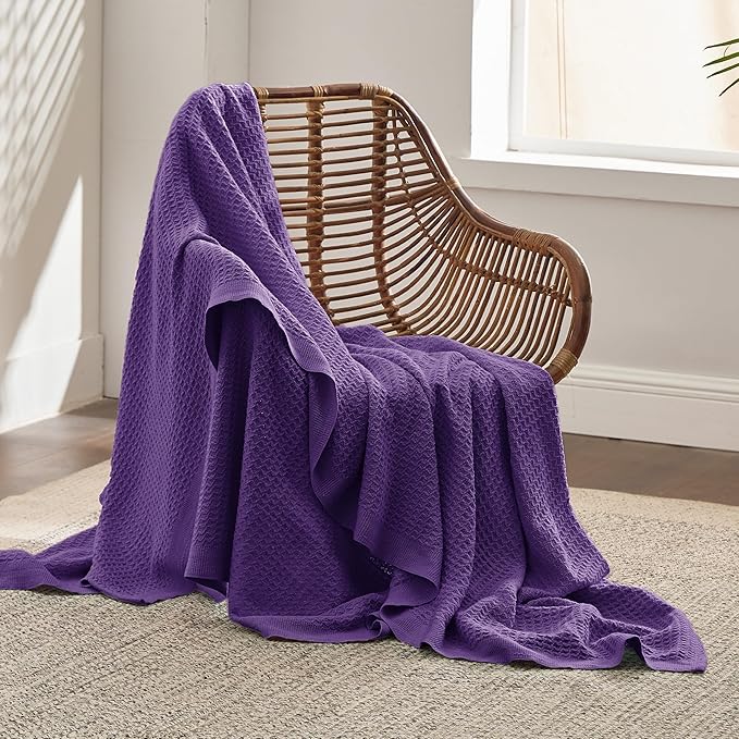 Bedsure Gentlesoft 100% Cotton Large Throw Blanket for Couch 50x70 inches - Breathable and Soft, Waffle Weave Throw Blanket for Office, Purple