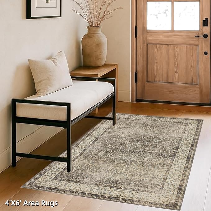 RCTJHOME 4'x6' Washable Area Rugs for Hallway, Non Slip Dining Room Rugs, Soft Low Pile Entryway Indoor Mat, Moroccan Accent Carpet for Kitchen, Living Room and Bedside, Retro Golden Brown Multi