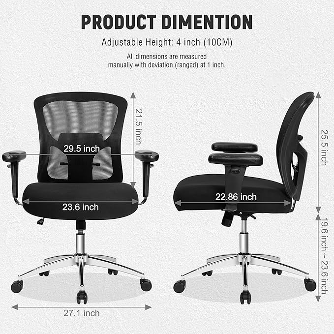 Big and Tall Office Chair 500lbs, Heavy Duty Ergonomic Mesh Chair, Computer Executive Desk Chair with Wide Thick Seat, Adjustable Armrests, Lumbar Support