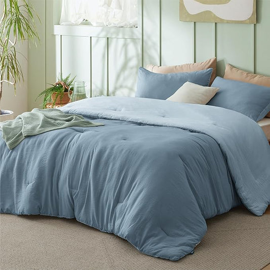 Bedsure Queen Size Comforter Set, Reversible Blue Soft Prewashed Bedding for All Seasons, 3 Pieces Warm Down Alternative Bed Set, 1 Lightweight Comforter (90"x90") and 2 Pillowcases (20"x26")