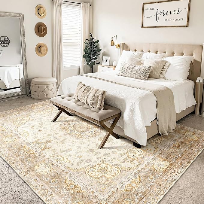 5'x7' Area Rugs Washable,Boho Rug for Living Room Bedroom,Large Vintage Bohemian Distressed Oriental Carpet Non Slip,Beige Gold Floral