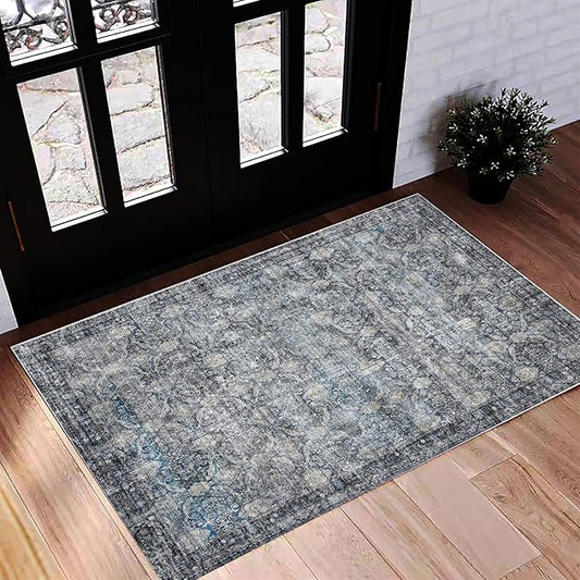 Washable Area Rug 2'x3' Door Mat Vintage Distressed Doormat Indoor Entrance Traditional Thin Rug Floral Print Non Slip Carpet for Kitchen Bathroom Bedroom Living Room
