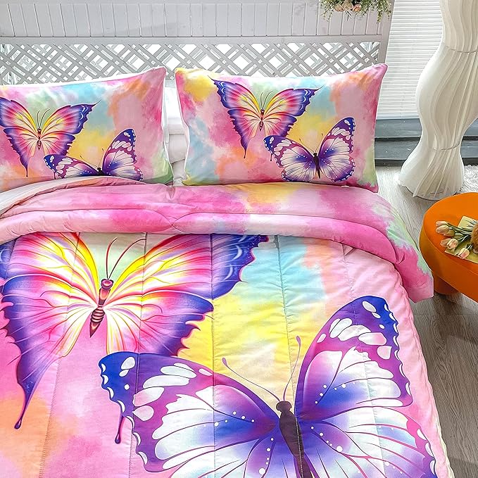 CVHOUSE Butterfly Bedding Set,Butterfly Comforter Queen,Butterfly Comforter Set for Girls Kids Teens,Butterflies Quilt Set with 1 Comforter and 2 Pillow Cases