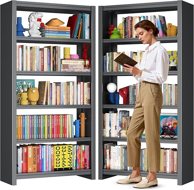 Book Shelf 69" H, 5-Tier Metal Shelving, Modern Black Bookshelf, Tall Bookcase for Bedroom, Living Room, Home Office, Library, Screw-Free Installation