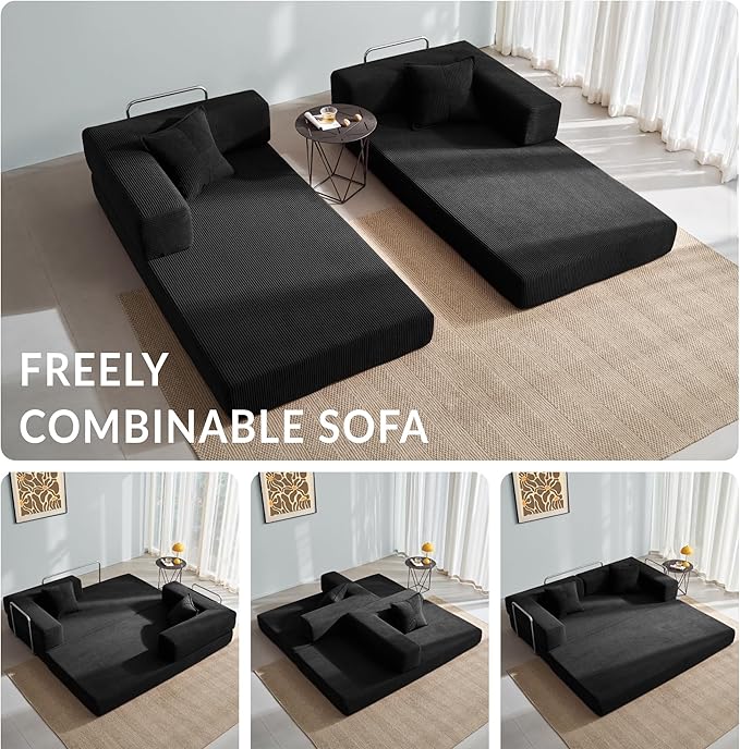 YINIX Foldable Sofa Bed, 62'' Folding Floor Couch, Compressed Convertable Sleeper Sofa, Memory Foam Couch with Pillow Back Support Armrest, 4-in-1 Futon Sofa Bed for Living Room, Black