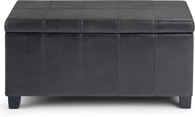 SIMPLIHOME Dover 36 inch Wide Contemporary Rectangle Storage Ottoman Bench in Distressed Black Vegan Faux Leather, Assembled, For the Living Room, Entryway and Family Room