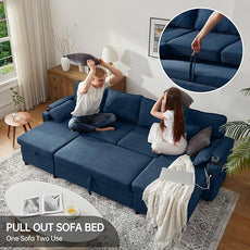 DURASPACE Sofa Bed Pull Out Couch Sleeper with Double Storage Chaise, U Shaped Convertible Sectional Sleeper Sofa for Living Room with USB Charging Ports, Cup Holder (Blue)