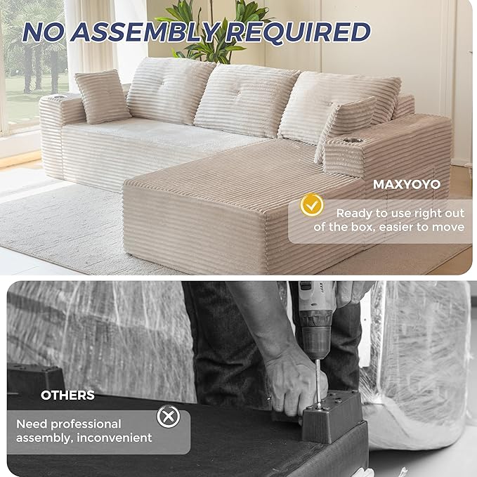 MAXYOYO 104" Modular Sectional Couch with L-Shape Chaise, Modern Boneless Couch for Living Room, Sofa in A Box, Oversized Sofa Sleeper with Deep Seat, No Assembly Required, Grayish Beige