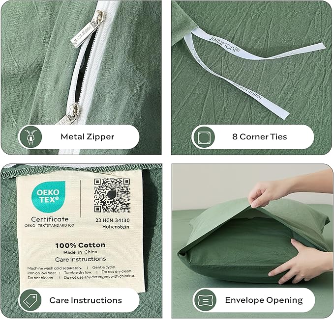 JELLYMONI Duvet Cover Queen Size - Washed Cotton Comforter Cover with Linen-Like Texture,Breathable & Soft Bedding for Modern Home,Guest Room and Everyday Use,Dusty Green 1 Duvet Cover & 2 Pillowcases
