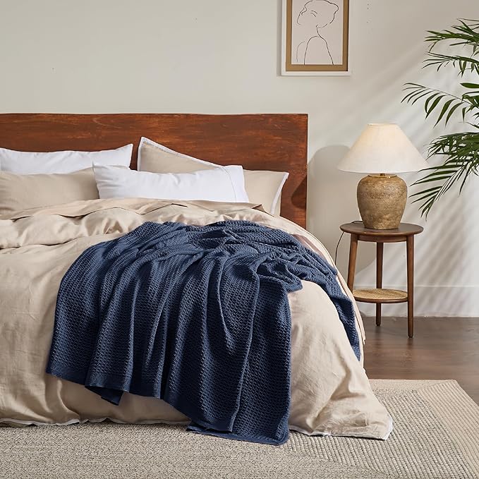 Bedsure Gentlesoft 100% Cotton Blanket King Size for Bed - Breathable and Soft, Thick Cozy Waffle Weave Christmas Blanket Gift for Women, Pageant Blue, 104x90 inches