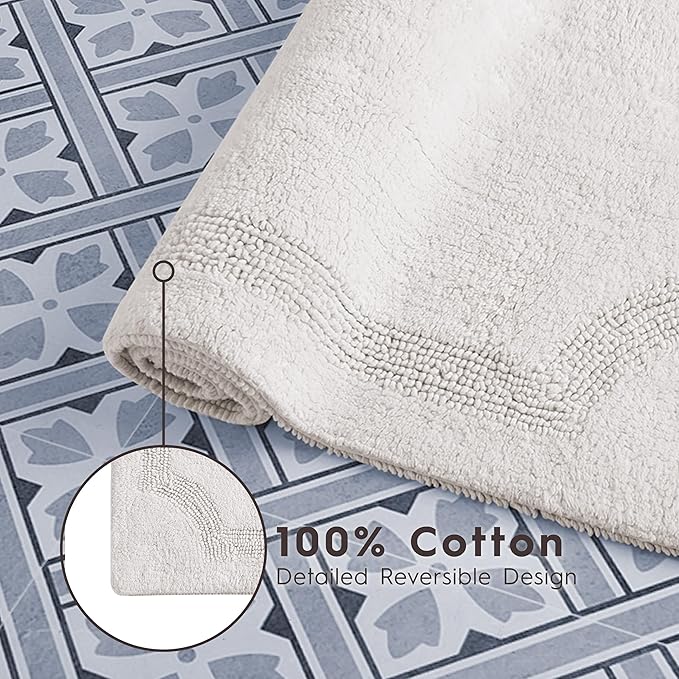 Laura Ashley - Reversible Cotton Bath Mat, Premium Bathroom Décor, Machine Washable Bathroom Rug, Highly Absorbent, 17"x24"/20"x32" 2-Piece Set, Ivory