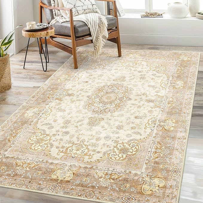 Boho Rug 3'x5',Washable Area Rugs for Bedroom Living Room Kitchen Entryway Bedside,Small Vintage Bohemian Distressed Non Slip Carpet,Beige Gold Floral