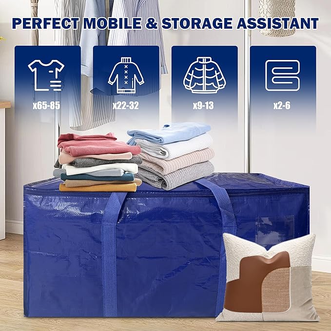 8 Pack Extra Heavy Duty Large Moving Bags with Strong Zipper & Carrying Handles, Sturdy Clothes Storage Bag Totes Bins, Packing Bags Moving Boxes College Moving Supplies, Dark Blue - 33 gal