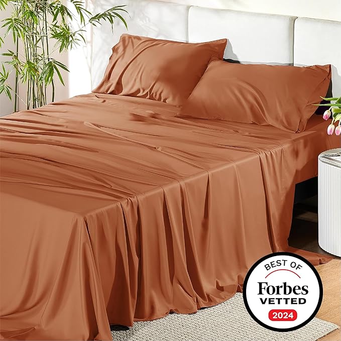 Bedsure Queen Sheet Set, Rayon Derived from Bamboo, Cooling Sheets, Breathable & Soft, Deep Pocket Up to 16 Inches, Hotel Luxury Silky Bedding for Hot Sleepers, Burnt Orange