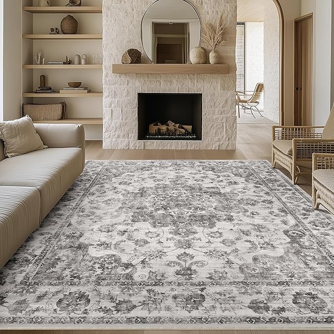 6x9 Washable Neutral Area Rug Black Vintage Living Room Bedroom Carpet Non-Slip Soft Low Pile Floral Indoor Throw Rug for Dining Room Entryway Office