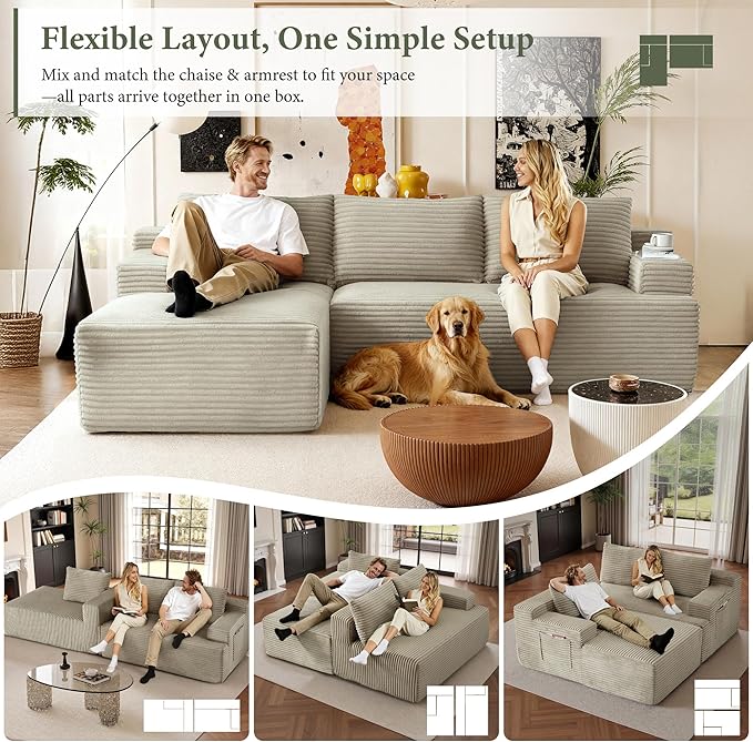 96''Sectional Couches for Living Room Modern Modular Sectional Sofa Upholstered Boneless Couch Comfy Cloud Couch with Chaise (Camel, 96''W Left Facing Chaise)