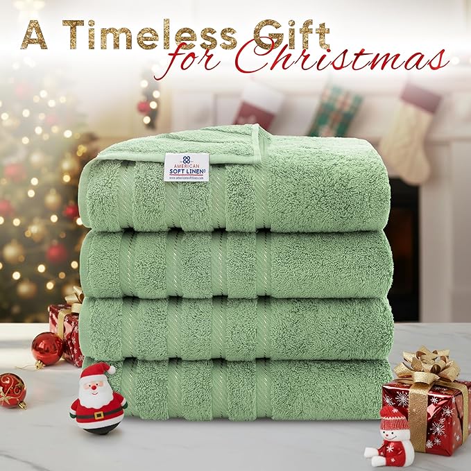 American Soft Linen Luxury 4 Piece Bath Towel Set, 600 GSM 100% Cotton Turkish Bath Towels for Bathroom, 27x54 in Large Bathroom Shower Towels, Sage Green