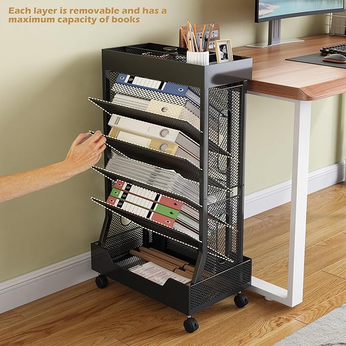 COVAODQ Rolling File Cart Book Cart with Wheels Mobile Bookshelf File Organizer Beside Desk, Free-Standing File Holder, Paper Letter Tray Organizer Mesh Desk Organizer for Office School