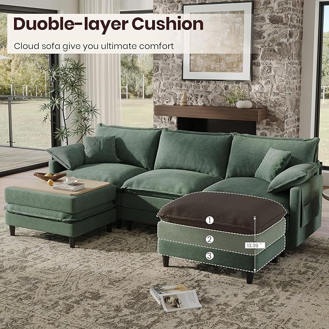 108" U Shaped Modular Sectional Cloud Couch with Two Ottoman, Snap-on Easy Installation 5-Piece Deep Seat Sofas with Storage Bag and Coffee Table for Living Room, Corduroy, Green