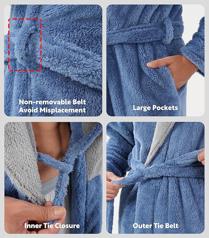 DAVID ARCHY Men's Hooded Robe Soft Coral Fleece Microfiber Bathrobe