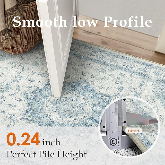 Blue Area Rug 3x5 Washable Vintage Carpet for Entryway Office Soft Retro Kitchen Low Pile Thin Door Mat Non Slip Oriental Medallion Throw Rug for Bathroom Bedroom Dining Living Room