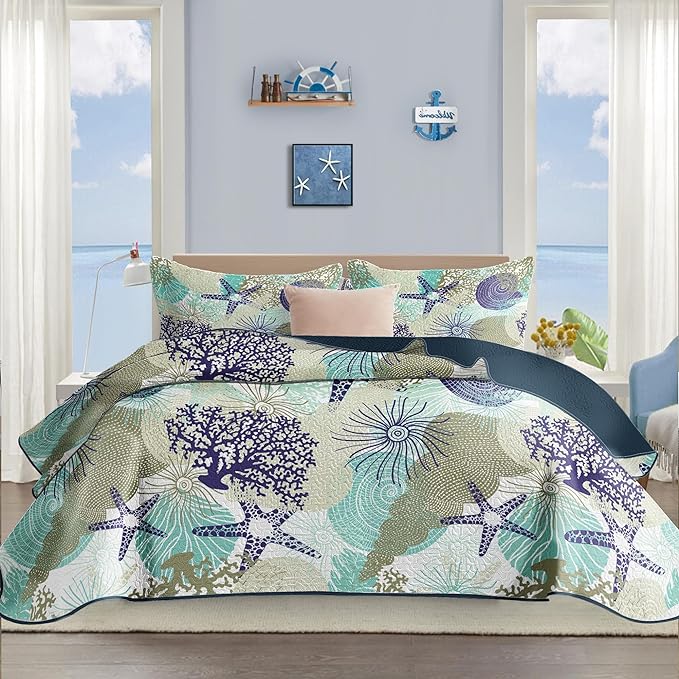 Tritard 3 Piece Coastal Quilt Sets Full/Queen Size - Reversible Microfiber Quilts with 2 Shams Soft Lightweight Beach Bedding Nautical Bedspread Coverlet Summer Comforter for All Season, 90''x96'', C6