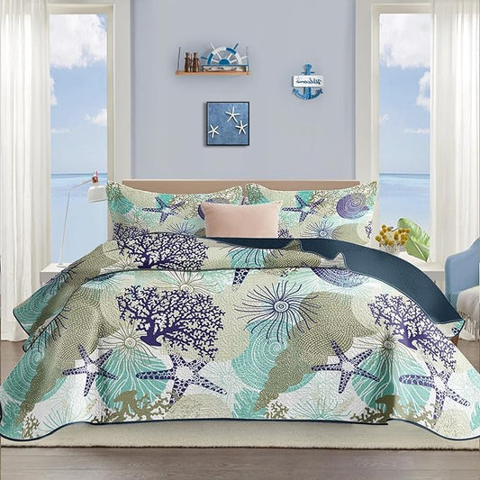 Tritard 3 Piece Coastal Quilt Sets Full/Queen Size - Reversible Microfiber Quilts with 2 Shams Soft Lightweight Beach Bedding Nautical Bedspread Coverlet Summer Comforter for All Season, 90''x96'', C6