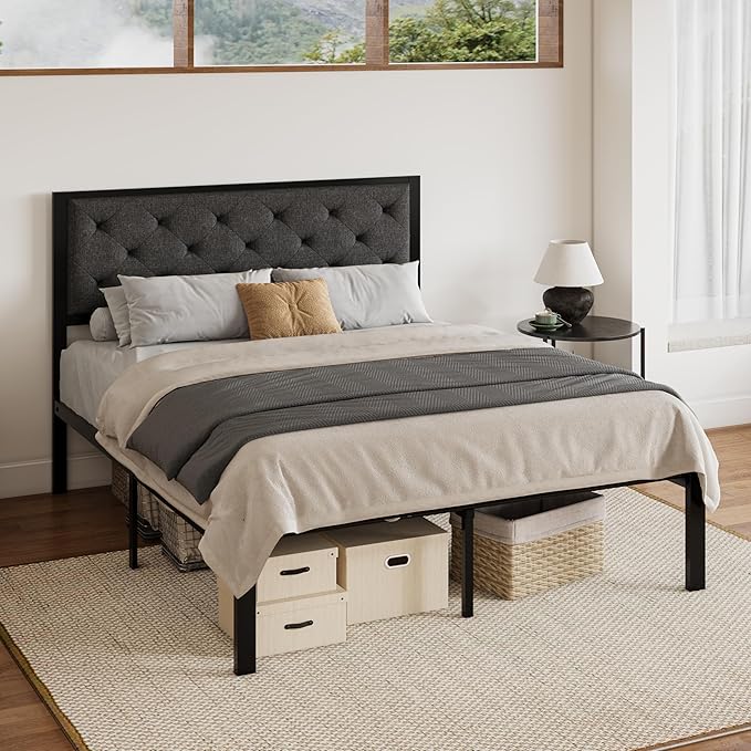 SHA CERLIN Full Size Metal Platform Bed Frame,Linen Upholstered Button Tufted Headboard, Mattress Foundation with 12.4” Under-Bed Storage, Noise-Free, Easy Assembly, No Box Spring Needed, Dark Grey