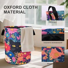 Black Cat Floral Laundry Basket Foldable Oxford Cloth Tote Bag Laundry Hamper Clothes Storage Bucket Organizer For Bathroom/Laundry Storage/Bedroom 19.6x15.7 Inch