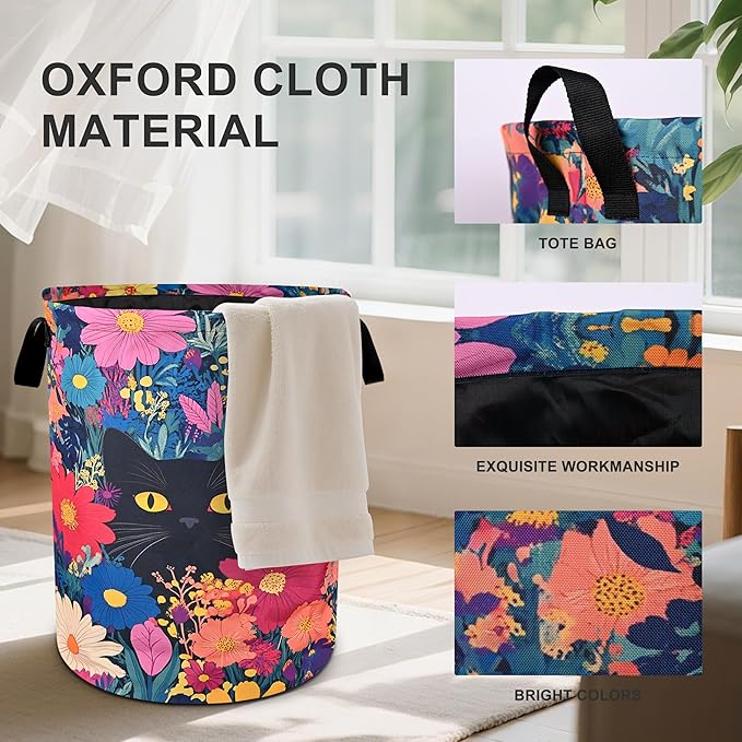 Black Cat Floral Laundry Basket Foldable Oxford Cloth Tote Bag Laundry Hamper Clothes Storage Bucket Organizer For Bathroom/Laundry Storage/Bedroom 19.6x15.7 Inch