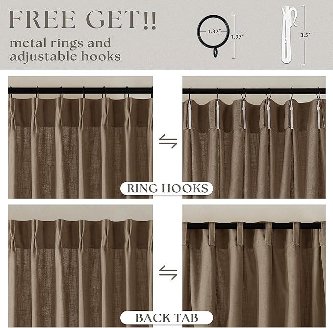 Dutch Cocoa Linen Curtains 102 Inches Long for Living Room Pinch Pleated Drape with Hooks Rings for Track System Light Filtering 102 Inch Curtain for Bedroom Sliding Patio Door 2 Panels Brown
