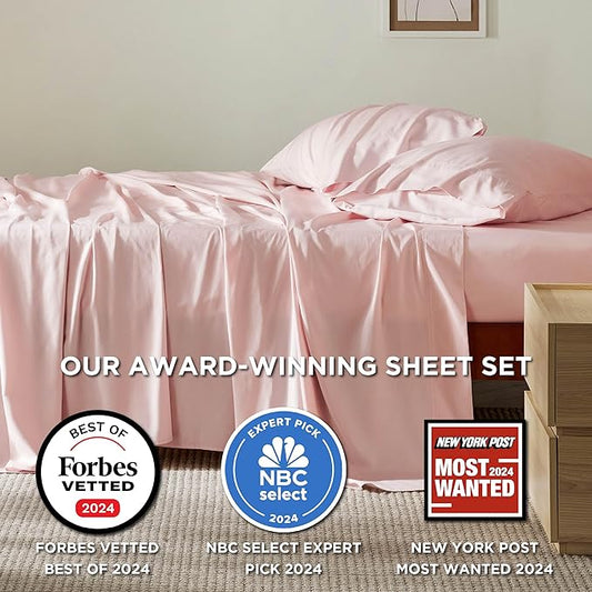 Bedsure California King Sheet Sets, Cooling Sheets for Hot Sleepers, Rayon Derived from Bamboo, Breathable & Soft, Deep Pocket Up to 16 Inches, Hotel Luxury Silky Bedding, Pink