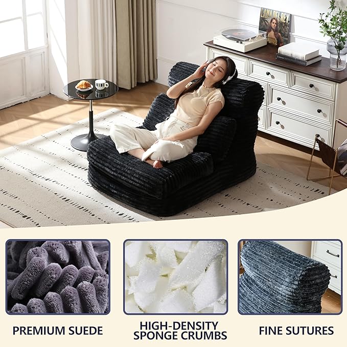 Premium Beige Bean Bag Chair for Adults with Armrest- Ultra Plush Memory Foam Lounge Sofa & Comfy Reading Nook Chair for Bedroom, Living Room & Dorm (Penguin, Darkgray)