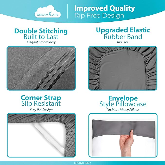 DREAMCARE Twin XL Sheet Sets – 3pcs Cooling Sheets – up to 15” Deep Pocket Twin XL Sheets Set – Hotel Luxury Sheets & Pillowcases – Superior Softness 100% Fine Microfiber with Side Pocket – Gray DREAMCARE